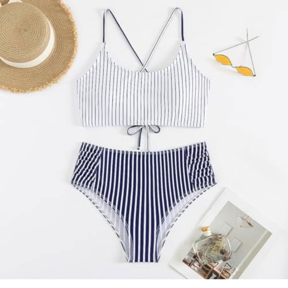 Retro High-Waisted Navy and White Bikini, New in Bag, Never Worn, Size XS - Picture 1 of 3